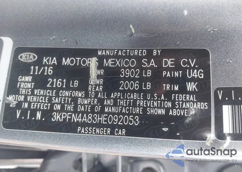 2017 Kia Forte Ex z USA, uszkodzony, nr VIN 3KPFN4A83HE092053